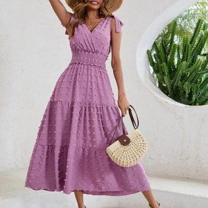 Boho Purple Swiss Dot Tie Shoulder V Neck Shirred Waist Dress